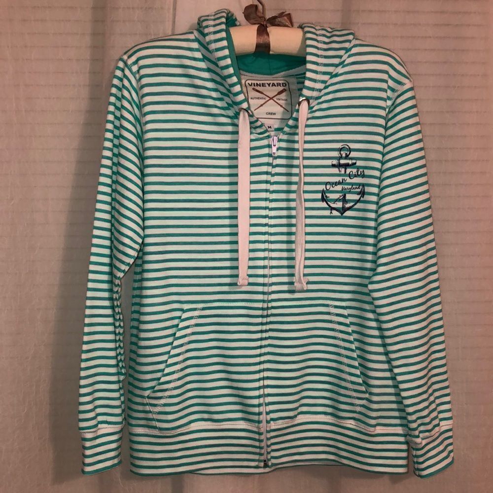 Vineyard M Authentic Vintage Crew Striped White Green Full Zip Hoodie